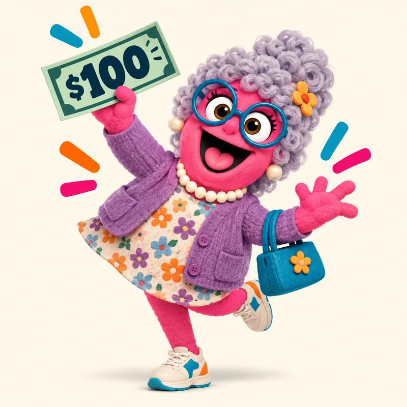 Grandma, a felt puppet in a purple cardigan and flowered dress, kicking up her sneaker and waving a $100 bill