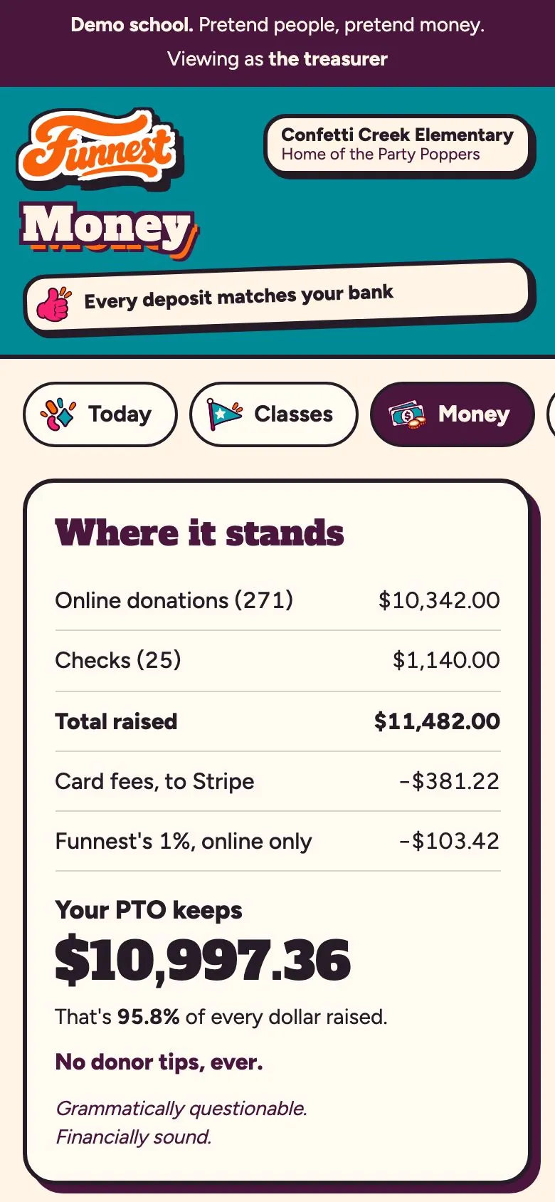 The treasurer's Money screen: what came in, the fees, what the PTO keeps, deposits and checks to log
