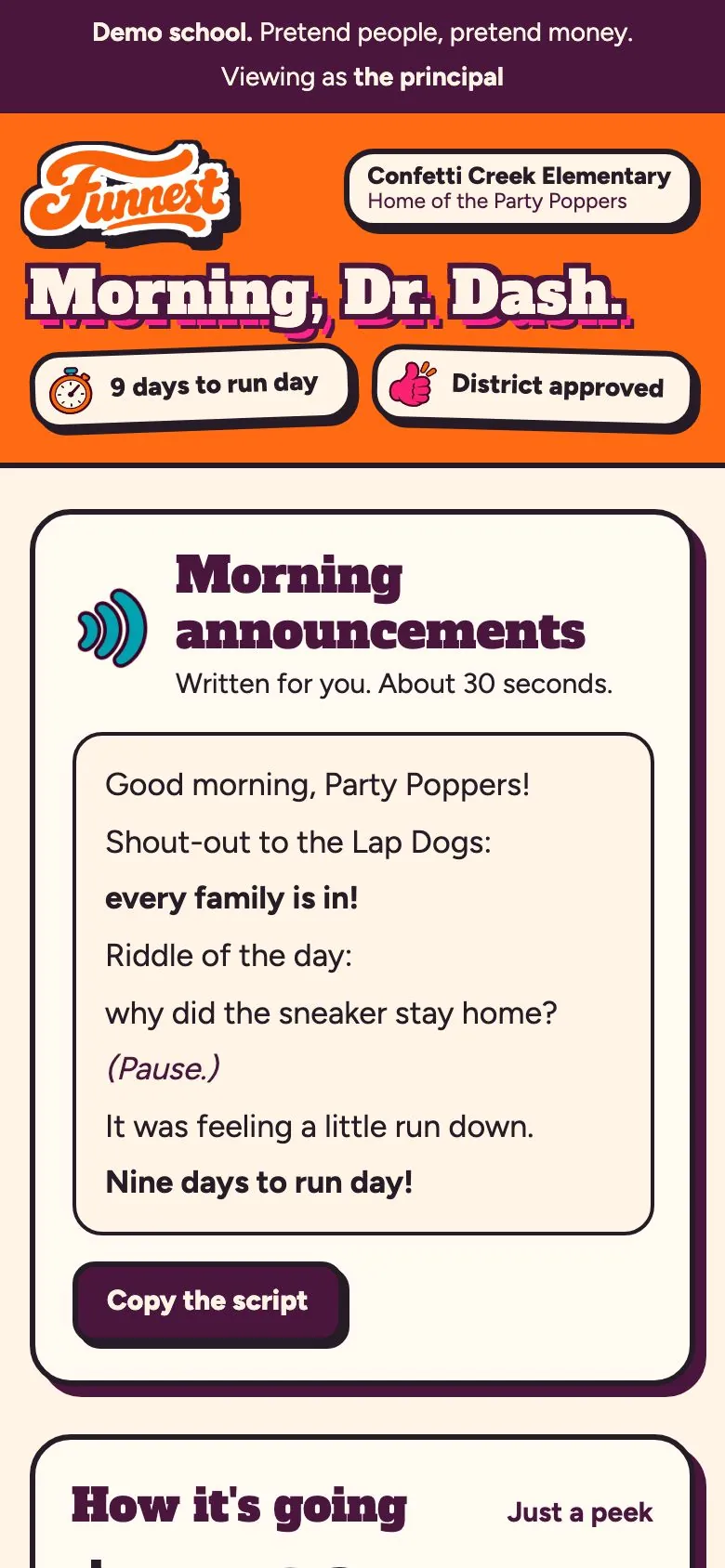 The principal's screen: the mullet meter, the morning announcements, the dare and the run-day schedule