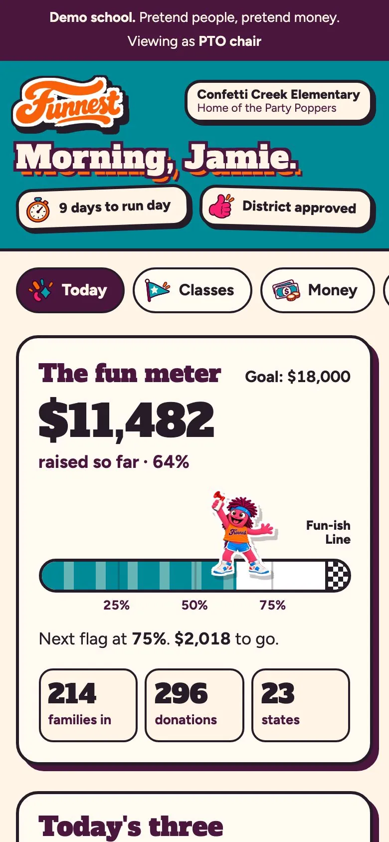 The PTO chair's Today screen: the fun meter, today's three tasks and who's on a roll