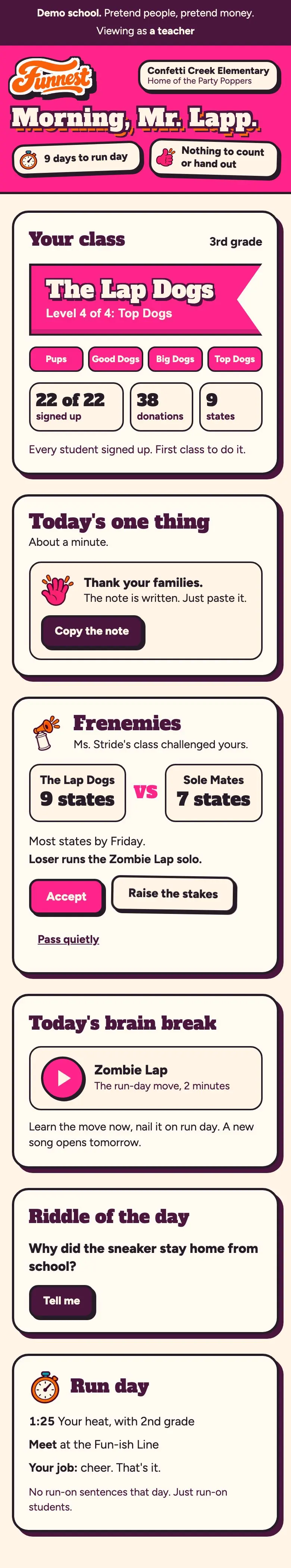 A teacher's screen: the class banner, today's one thing, Frenemies, the brain break and the run-day plan