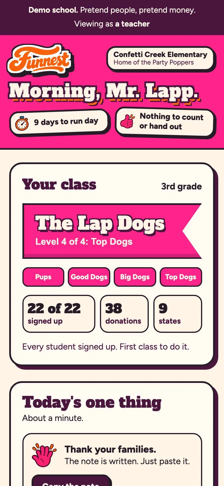 A teacher's screen: the class banner, today's one thing, Frenemies, the brain break and the run-day plan